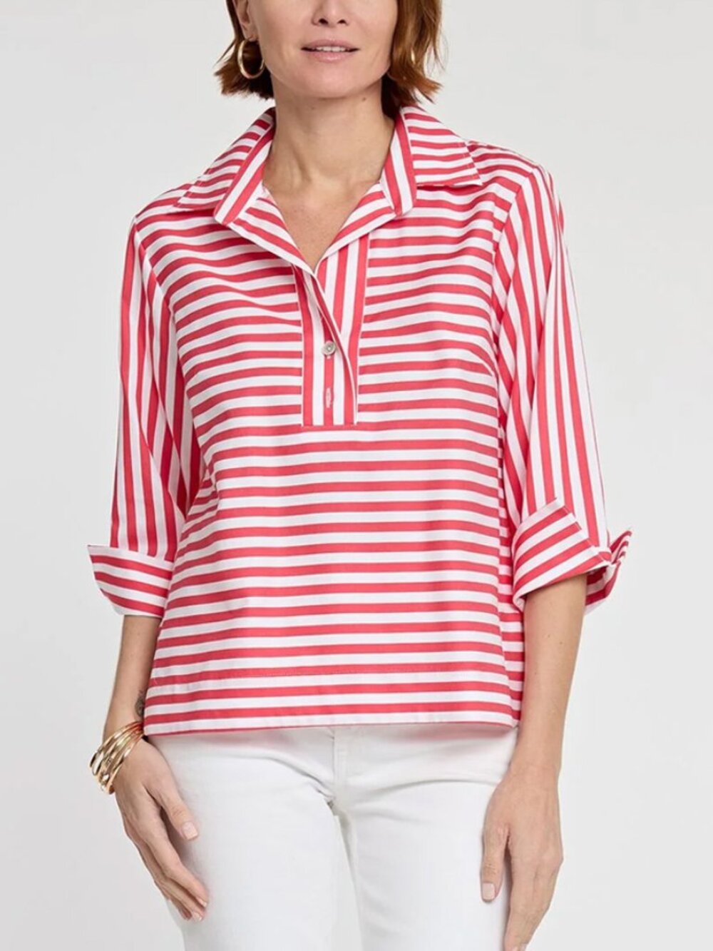 Hinson Wu Aileen Red White Striped Cotton Button Back Blouse Size 12